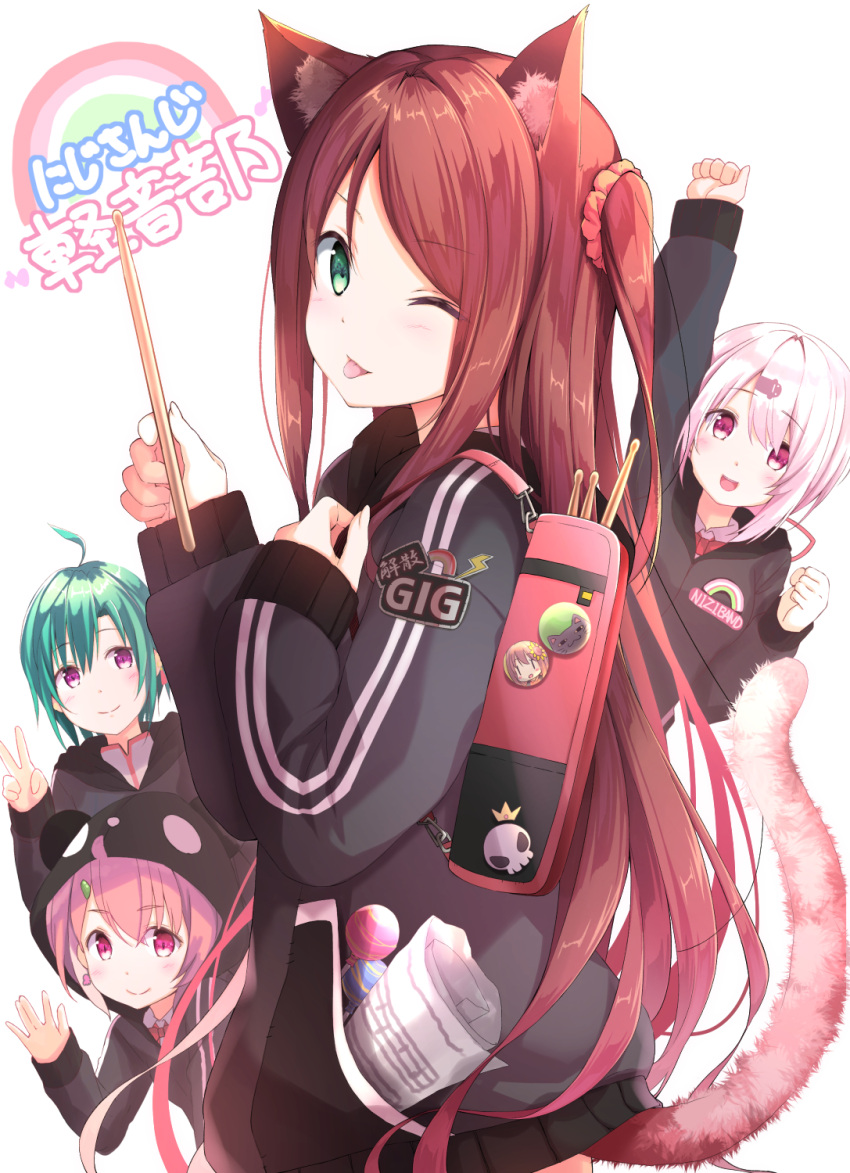 1other 3girls akabane_youko animal_ears arm_up backpack badge bag black_hoodie black_jacket black_skirt blush brown_hair candy cat_ears cat_tail drumsticks earrings eyebrows_visible_through_hair food green_eyes green_hair hair_ornament hair_scrunchie highres holding_drumsticks hood hood_up jacket jewelry kemonomimi_mode logo long_hair long_sleeves looking_at_viewer multiple_girls na53 nijisanji one_eye_closed one_side_up open_mouth pink_eyes pink_hair pleated_skirt pocket red_eyes ryuushen sasaki_saku scrunchie sheet_music shiina_yuika skirt smile tail tongue tongue_out v very_long_hair violet_eyes virtual_youtuber