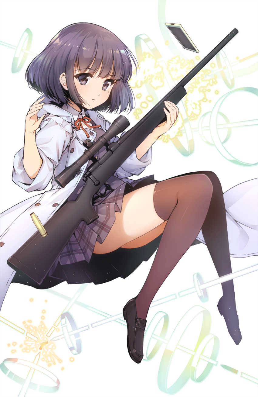 1girl black_eyes black_footwear black_hair black_skirt brown_legwear cellphone closed_mouth coat darwin's_game expressionless from_side full_body gun highres holding holding_gun holding_weapon kashiwagi_rein knees_together_feet_apart loafers miniskirt mole mole_under_eye neck_ribbon official_art phone plaid plaid_skirt pleated_skirt ribbon rifle school_uniform shell_casing shoes short_hair skirt sleeves_rolled_up smartphone sniper_rifle solo takahata_yuki thigh-highs weapon white_coat wing_collar