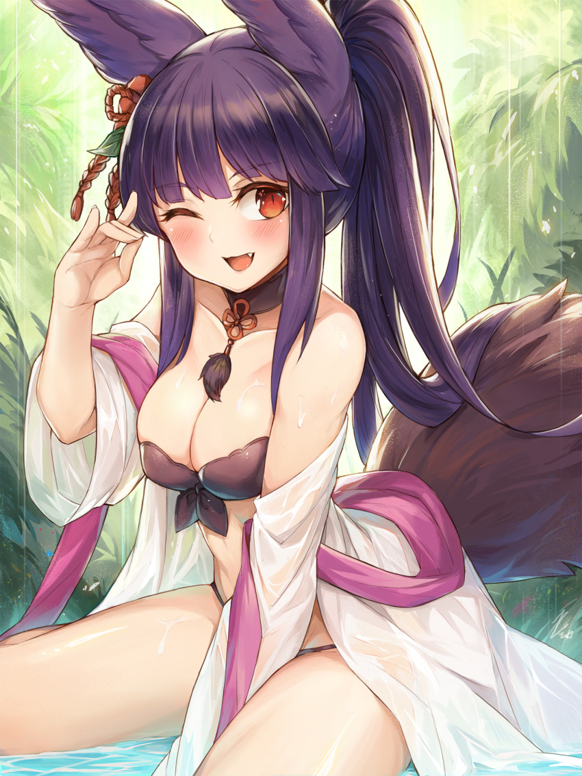 1girl ;d animal_ears bangs between_legs bikini black_bikini black_choker blunt_bangs blush breasts choker cleavage collarbone commentary_request day erune eyebrows_visible_through_hair fang fox_shadow_puppet granblue_fantasy hair_ornament hair_ribbon hand_between_legs highres leaf_hair_ornament long_hair long_sleeves looking_at_viewer medium_breasts mou_tama_maru off_shoulder one_eye_closed open_clothes open_mouth outdoors ponytail purple_hair red_eyes red_ribbon ribbon see-through shallow_water sidelocks sitting smile solo swimsuit tail tassel thighs wariza water wet wet_clothes yuel_(granblue_fantasy)