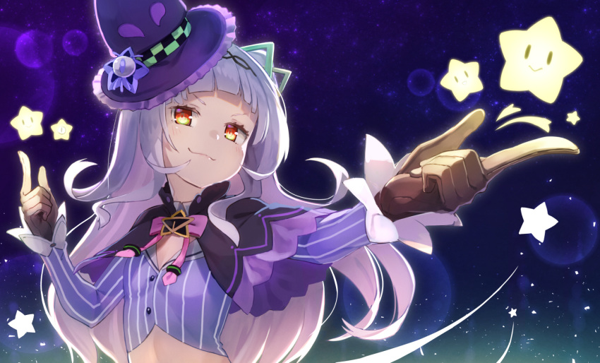 1girl breasts capelet commentary_request crop_top finger_gun gloves hair_bun hair_ornament hat hololive long_hair looking_at_viewer murasaki_shion night portrait ribbon silver_hair sky small_breasts smug solo star star_(sky) starry_sky tokumaro upper_body virtual_youtuber witch_hat yellow_eyes