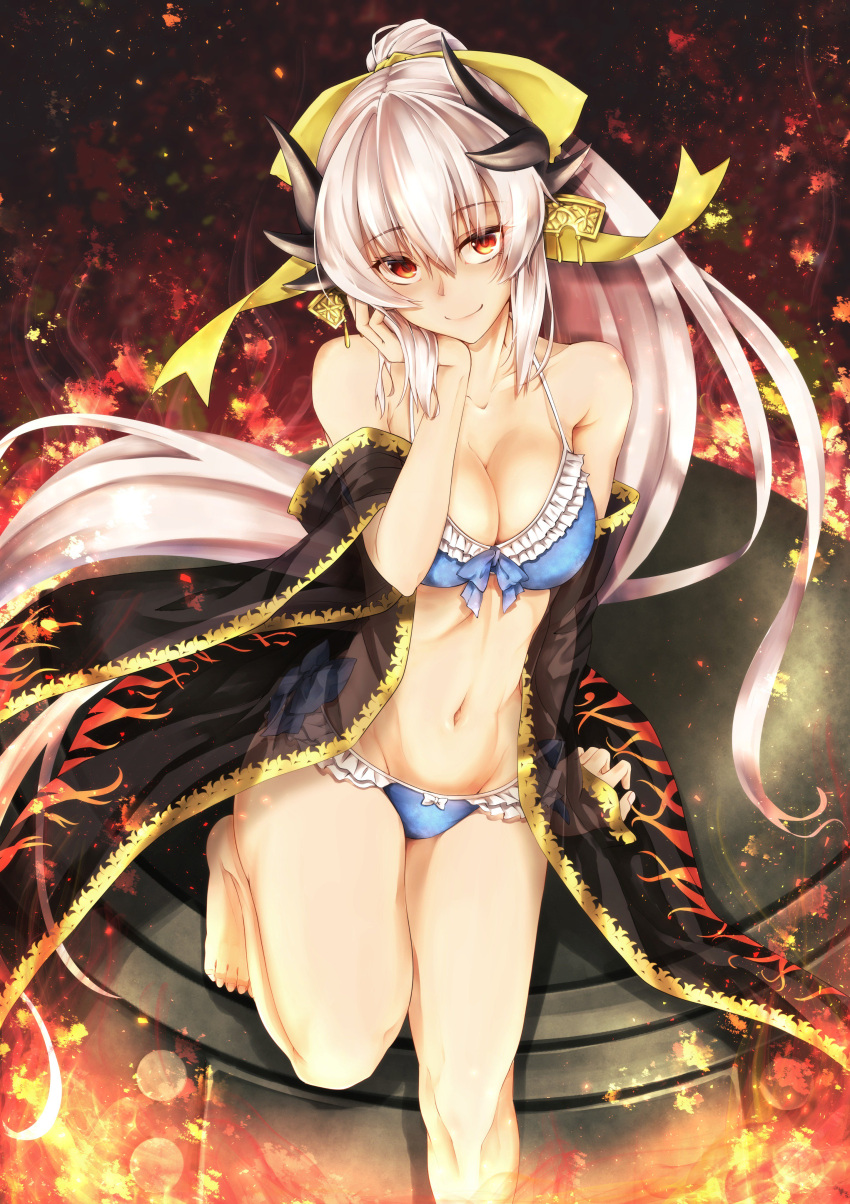 1girl absurdres aqua_hair arm_support bare_shoulders bikini blue_bikini blush bow breasts cleavage collarbone eyebrows_visible_through_hair fate/grand_order fate_(series) fire floating_hair frilled_bikini frills groin hair_between_eyes hair_bow halter_top halterneck hand_on_own_cheek highres horns kiyohime_(fate/grand_order) kiyohime_(swimsuit_lancer)_(fate) kuromu large_breasts leg_up long_hair looking_at_viewer navel off_shoulder ponytail ribbon ribbon-trimmed_bikini see-through sitting smile solo stomach swimsuit thighs very_long_hair yellow_bikini yellow_eyes yellow_ribbon