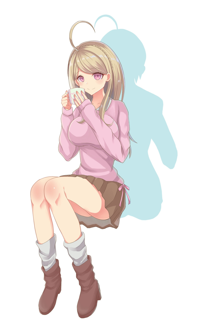 1girl ahoge akamatsu_kaede black_footwear blonde_hair boots braid breasts brown_skirt commentary_request cup dangan_ronpa eyebrows_visible_through_hair highres holding holding_cup large_breasts long_hair looking_at_viewer new_dangan_ronpa_v3 original piatin pink_eyes pink_ribbon pink_sweater pleated_skirt ribbon saihara_shuuichi shadow simple_background skirt socks suterii sweater white_background