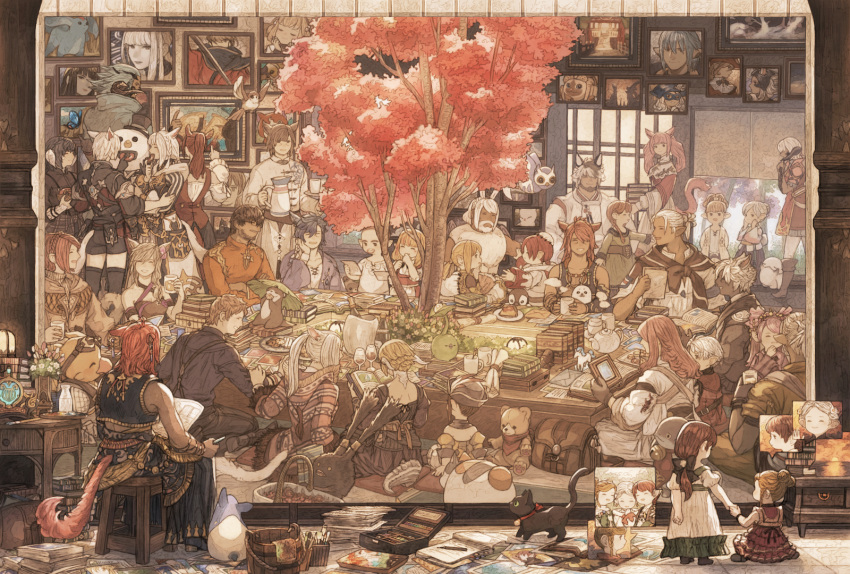 6+boys 6+girls alpha_(ff14) animal_ears au_ra bangs beard black_bow black_gloves black_hair black_legwear blonde_hair blue_hair blue_mage blunt_bangs blush book book_stack bow braid brown_hair bucket bug butterfly cameo carbuncle_(final_fantasy) carrying cat cat_ears cat_tail chocobo closed_eyes closed_mouth commentary_request crossover dark_skin dragon_horns dragon_tail earrings elezen elf everyone facial_hair facing_away facing_viewer fake_animal_ears fat_cat_(ff14) felyne final_fantasy final_fantasy_xiv flower fox_ears french_braid glass gloves hair_bow hand_to_own_mouth hat haurchefant_de_fortemps helmet highres horns hyur indoors insect jewelry jibanyan jug lalafell long_hair looking_at_another looking_at_viewer maekakekamen miqo'te monster_hunter multiple_boys multiple_girls omega-f open_book open_mouth otter paintbrush painting_(object) pink_hair pointy_ears ponytail rabbit_ears red_eyes red_mage redhead samurai_(final_fantasy) short_hair shorts silver_hair sitting sleeveless smile spriggan standing stuffed_animal stuffed_toy swept_bangs tail teddy_bear thigh-highs tree twintails viera walking white_hair yotsuyu_(final_fantasy_xiv) youkai_watch