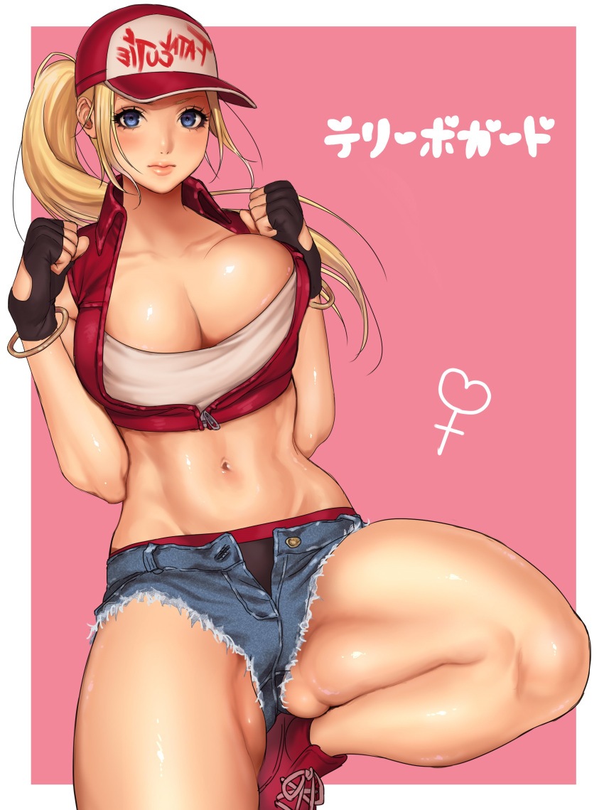 1girl absurdres baseball_cap blonde_hair blue_eyes border bracelet breasts character_name cleavage commentary_request cross-laced_footwear denim fingerless_gloves genderswap genderswap_(mtf) gloves hat hifumi_(art_sky_littel) highres jacket jewelry large_breasts lips long_hair midriff navel panties pink_background ponytail red_jacket red_panties shoes sneakers snk solo terry_bogard the_king_of_fighters thick_thighs thighs underwear white_border zipper