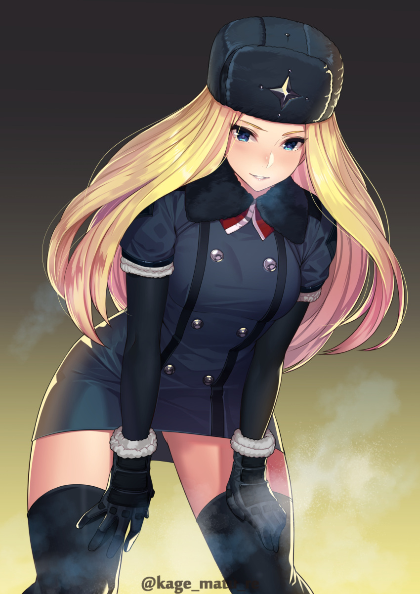 1girl bending_forward black_legwear blonde_hair blue_eyes blush breasts coat cold frost fur_hat fur_trim gloves gluteal_fold hands_on_own_knees hat highres kagematsuri kolin long_hair long_sleeves looking_at_viewer simple_background smile solo street_fighter street_fighter_v thigh-highs thigh_gap thighs winter_clothes winter_coat