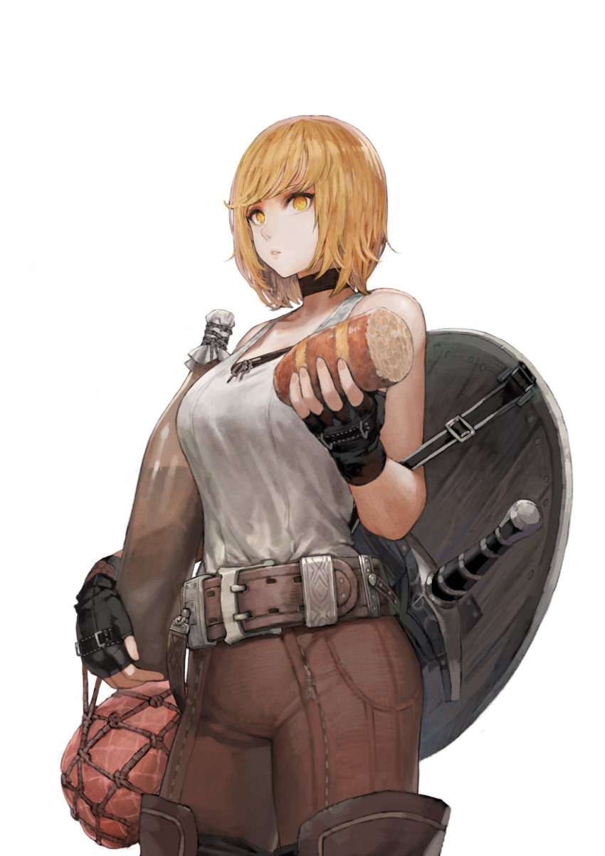 1girl bare_shoulders belt blonde_hair boots bottle bread brown_hair choker facial_hair fantasy fingerless_gloves food gloves highres jun_(seojh1029) leather leather_boots looking_at_viewer medium_hair original shield shortsword_(seojh1029) smile sword weapon white_background wine_bottle yellow_eyes