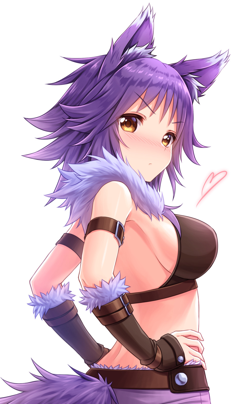 1girl aki_makoto animal_ear_fluff animal_ears arm_belt bangs belt belt_buckle blush breasts brown_belt brown_hair brown_sleeves buckle closed_mouth commentary_request detached_sleeves eyebrows_visible_through_hair fur-trimmed_sleeves fur_trim hands_on_hips heart highres long_hair long_sleeves looking_at_viewer looking_back medium_breasts princess_connect! princess_connect!_re:dive purple_hair purple_skirt simple_background skirt sleeves_past_wrists solo tomo_(user_hes4085) v-shaped_eyebrows white_background