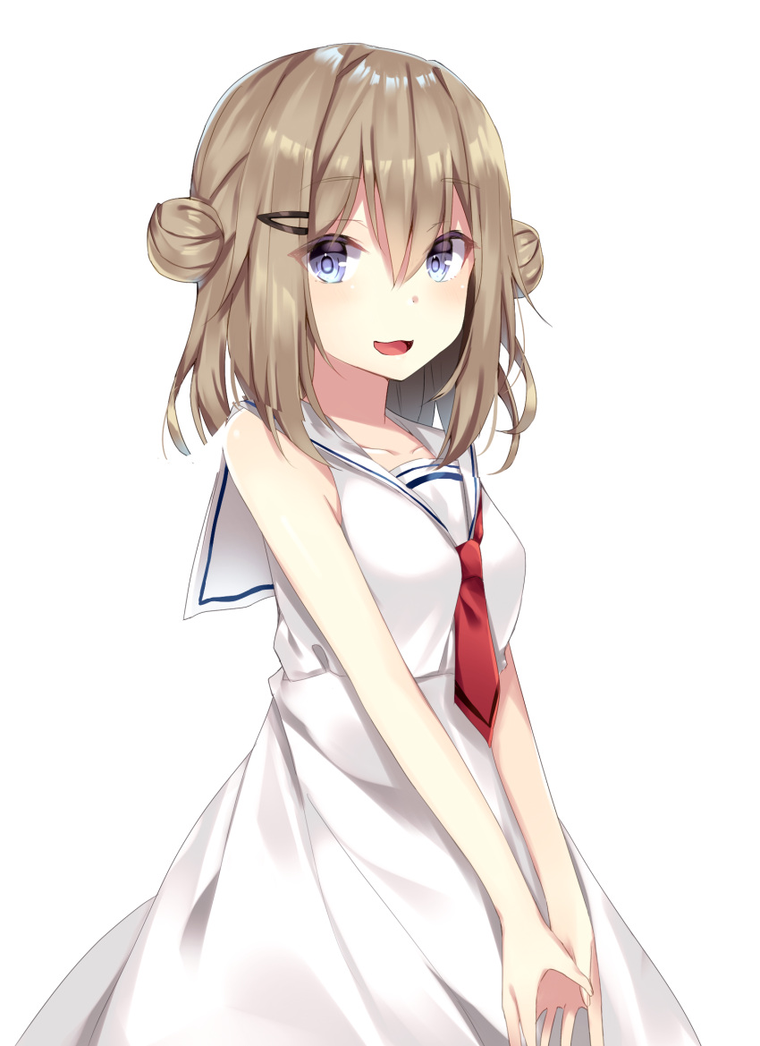 1girl :3 :d bangs bare_arms bare_shoulders blue_eyes breasts brown_hair collarbone cowboy_shot double_bun dress hair_between_eyes hair_ornament hairclip highres komomo_(ptkrx) long_dress long_hair looking_at_viewer necktie open_mouth original red_neckwear sailor_collar sailor_dress short_necktie simple_background sleeveless sleeveless_dress small_breasts smile solo standing v_arms white_background white_dress white_sailor_collar