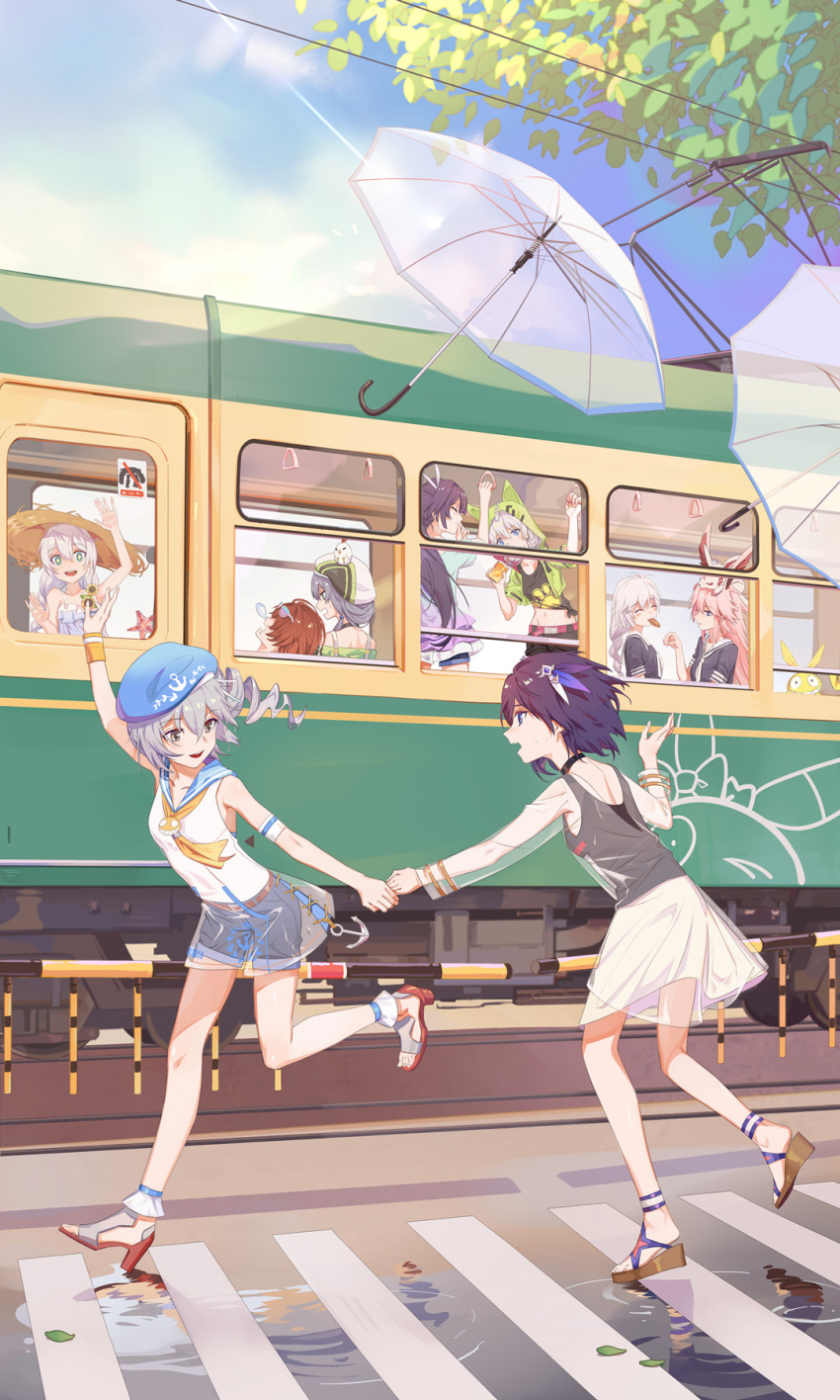 6+girls animal_ears animal_hood bare_legs beret black_hair blue_headwear blue_sky bronya_zaychik commentary_request day denim denim_shorts drill_hair dubian_xiang fox_ears fu_hua ground_vehicle hat high_heels highres holding_hand homu_(honkai_impact) honkai_(series) honkai_impact_3 hood kallen_kaslana kiana_kaslana long_hair midriff multiple_girls murata_himeko outdoors parasol pink_hair raiden_mei redhead sailor_collar see-through seele_vollerei short_hair short_sleeves shorts silver_hair skirt sky sleeping straw_hat summer theresa_apocalypse train umbrella white_skirt yae_sakura