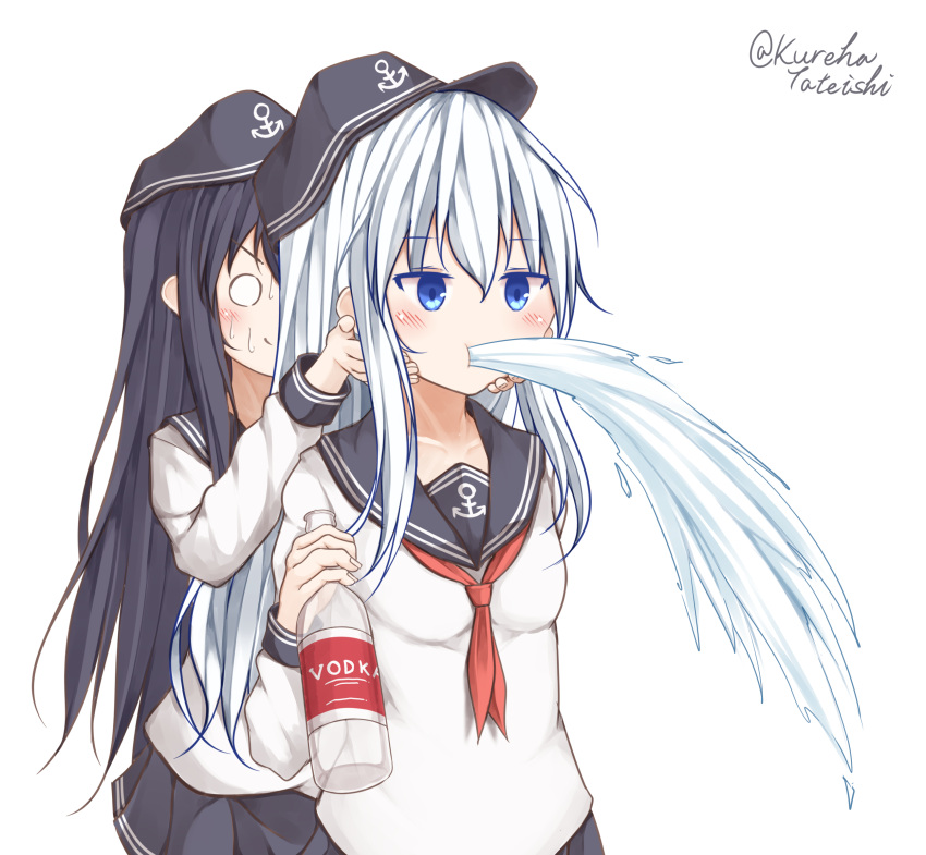 2girls absurdres akatsuki_(kantai_collection) alcohol anchor_symbol black_skirt blue_eyes bottle commentary_request fish_spitting_water flat_cap hair_between_eyes hamayuu_(litore) hat hibiki_(kantai_collection) highres holding holding_bottle kantai_collection long_hair long_sleeves meme multiple_girls neckerchief purple_hair school_uniform serafuku shirt silver_hair simple_background skirt vodka white_background white_shirt