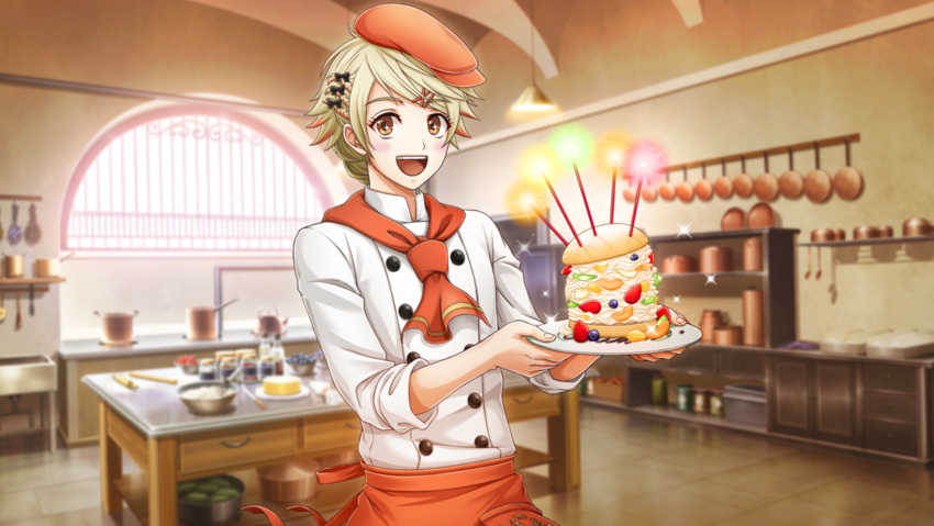 1boy :d alternate_costume androgynous apron bangs blonde_hair blush bow braid brown_eyes chef_uniform double-breasted eyebrows_visible_through_hair eyelashes food fruit game_cg hair_bow hair_ornament hairclip hairpin hat highres holding indoors kitchen male_focus margarita_(senjuushi) multicolored_hair non-web_source official_art open_mouth orange_hair otoko_no_ko senjuushi:_the_thousand_noble_musketeers smile solo sparkling_eyes sweets swept_bangs two-tone_hair waist_apron