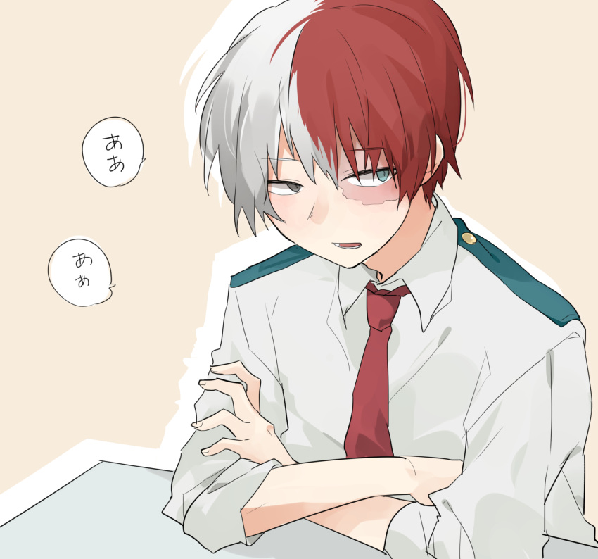 1boy blue_eyes boku_no_hero_academia burn_scar commentary_request eyebrows_visible_through_hair grey_eyes heterochromia highres looking_to_the_side multicolored_hair necktie red_neckwear redhead scar school_uniform shirt simple_background sleeves_rolled_up speech_bubble table todoroki_shouto translation_request two-tone_hair waidzumi white_hair white_shirt yellow_background