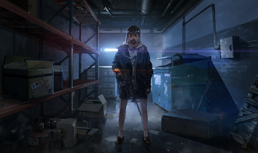 1girl absurdres bangs black_hair box charm_(object) dumpster gas_mask gas_tank gloves glowing gun hair_ornament hairclip highres holding holding_gun holding_weapon indoors jacket jun_(5455454541) long_hair looking_at_viewer open_clothes open_jacket orange_eyes pallet pleated_skirt rifle shelf skirt socks solo standing tom_clancy's_the_division watch watch weapon white_legwear
