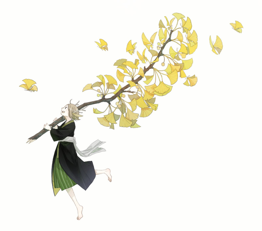 1girl antlers barefoot branch bug butterfly from_side ginkgo ginkgo_nut highres holding_branch insect japanese_clothes kamura_gimi leg_up light_brown_hair long_sleeves looking_away looking_up open_mouth original oversized_plant profile running short_hair simple_background smile solo white_background yellow_butterfly yellow_leaves