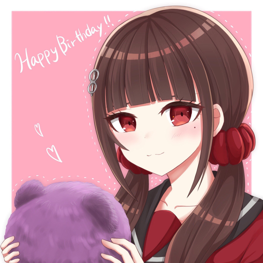 1girl blush brown_hair collarbone commentary_request dangan_ronpa dot_nose eyebrows_visible_through_hair face hair_ornament hairclip happy_birthday harukawa_maki heart highres holding holding_stuffed_toy long_hair looking_at_viewer low_twintails mole mole_under_eye new_dangan_ronpa_v3 piatin red_eyes red_scrunchie red_shirt scrunchie shirt simple_background solo twintails two-tone_background wavy_mouth