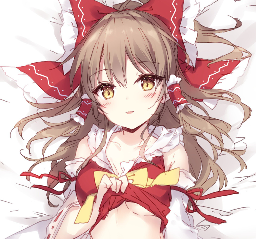 1girl arm_ribbon bangs bare_shoulders bed_sheet blush bow breasts brown_eyes brown_hair collarbone commentary_request detached_sleeves eyebrows_visible_through_hair frilled_shirt_collar frills hair_between_eyes hair_bow hair_tubes hakurei_reimu highres lifted_by_self long_hair looking_at_viewer lying medium_breasts mochizuki_shiina on_back parted_lips red_bow red_ribbon ribbon sidelocks sketch smile solo touhou under_boob upper_body yellow_bow yellow_neckwear