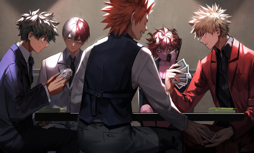 1girl 4boys absurdres ashido_mina bakugou_katsuki black_sclera black_shirt blonde_hair boku_no_hero_academia byeolmu card green_eyes green_hair heterochromia highres horns kirishima_eijirou long_sleeves midoriya_izuku multicolored_hair multiple_boys necktie pink_skin playing_card redhead shirt short_hair sitting todoroki_shouto two-tone_hair white_hair white_shirt yellow_eyes