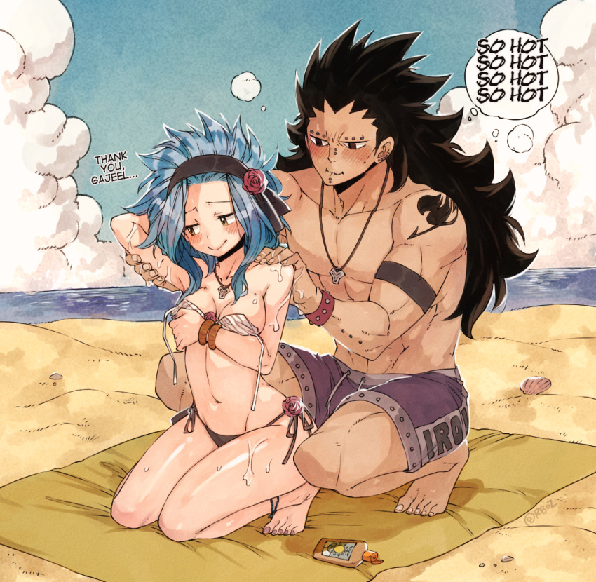 arm_piercing arm_up beach bikini black_bikini_top black_eyes black_hair black_headband blue_hair blue_sky blush breasts character_name chin_piercing cleavage clouds collarbone couple day ear_piercing fairy_tail flower gajeel_redfox groin hair_flower hair_ornament jewelry kneeling levy_mcgarden long_hair looking_away lotion_bottle male_swimwear nail_polish navel necklace nose_piercing ocean outdoors piercing purple_nails purple_swimsuit red_flower rusky shiny shiny_skin side-tie_bikini sky small_breasts spiky_hair squatting striped_bikini_top swim_trunks swimsuit swimwear thought_bubble toenail_polish untied_bikini_top very_long_hair white_bikini