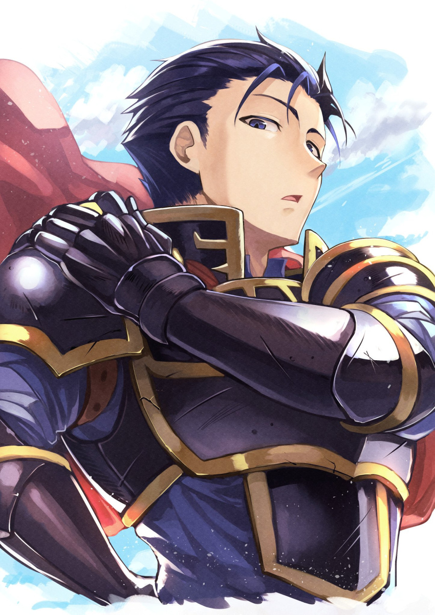 1boy armor axe blue_eyes blue_hair cape fire_emblem fire_emblem:_rekka_no_ken fire_emblem_heroes gloves hector_(fire_emblem) highres looking_at_viewer male_focus nakabayashi_zun nintendo short_hair simple_background solo weapon