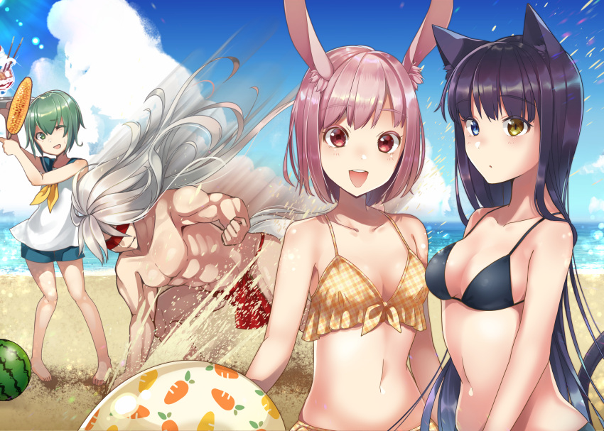 1boy 3girls abs absurdres animal_ears anotherxalice ball barefoot beach beachball bikini black_bikini black_hair blue_eyes breasts cat_ears cat_tail clenched_hand clouds corn facing_viewer food fruit green_eyes green_hair grey_hair heterochromia highres holding holding_tray long_hair looking_at_another looking_at_viewer medium_hair multiple_girls muscle navel nyasunyadoora ocean one_eye_closed outdoors parfait pink_eyes pink_hair rabbit_ears sand shirt short_hair shorts sky sleeveless small_breasts smile swimsuit tail tray watermelon white_shirt yellow_bikini yellow_eyes