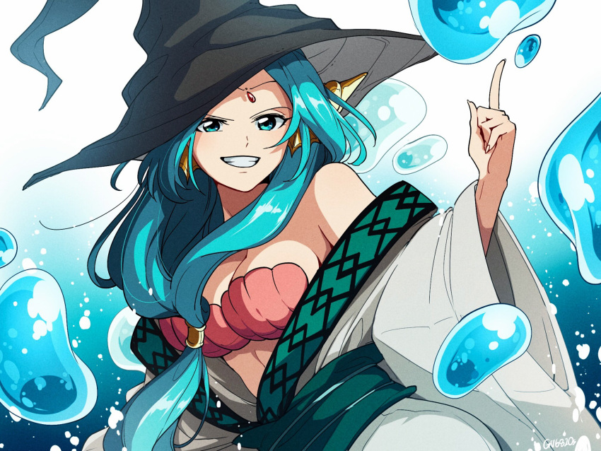 1girl artist_name bare_shoulders black_headwear blue_eyes blue_hair breasts cleavage hair_ornament hand_up hat headgear highres index_finger_raised jewelry large_breasts long_hair looking_at_viewer magi_the_labyrinth_of_magic robe sash seashell shell shell_bikini simple_background smile solo tama_azusa_hatsu upper_body water water_drop wide_sleeves witch_hat yamuraiha