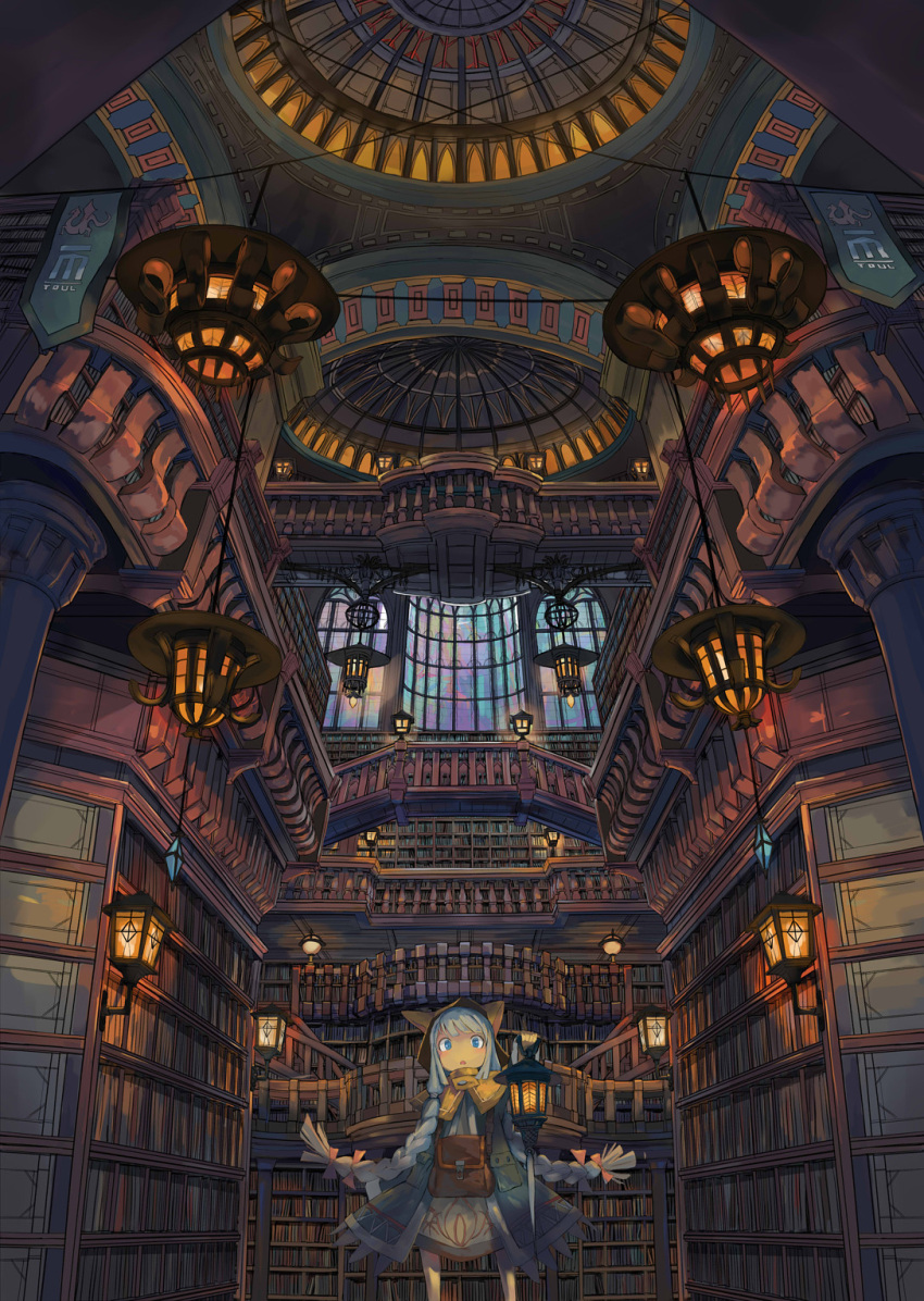 1girl blue_eyes blue_hair blush book bookshelf bow braid chandelier fantasy hair_bow highres indoors lantern long_hair looking_at_viewer original parted_lips railing red_bow scenery solo stained_glass twin_braids very_long_hair wu_ba_pin