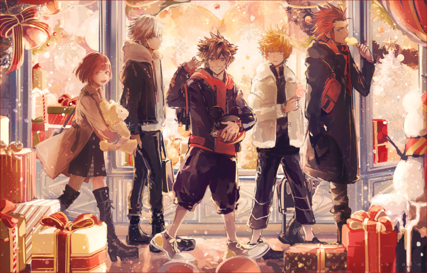 1girl 4boys axel_(kingdom_hearts) ayano_(katou) backpack bag blonde_hair boots brown_hair candy casual christmas coat eating food gift hood hood_down hoodie jacket kairi_(kingdom_hearts) kingdom_hearts lollipop looking_at_viewer multiple_boys open_mouth redhead riku roxas shoes shopping_bag silver_hair smile sneakers snow snowing sora_(kingdom_hearts) spiky_hair storefront stuffed_animal stuffed_toy teddy_bear walking window