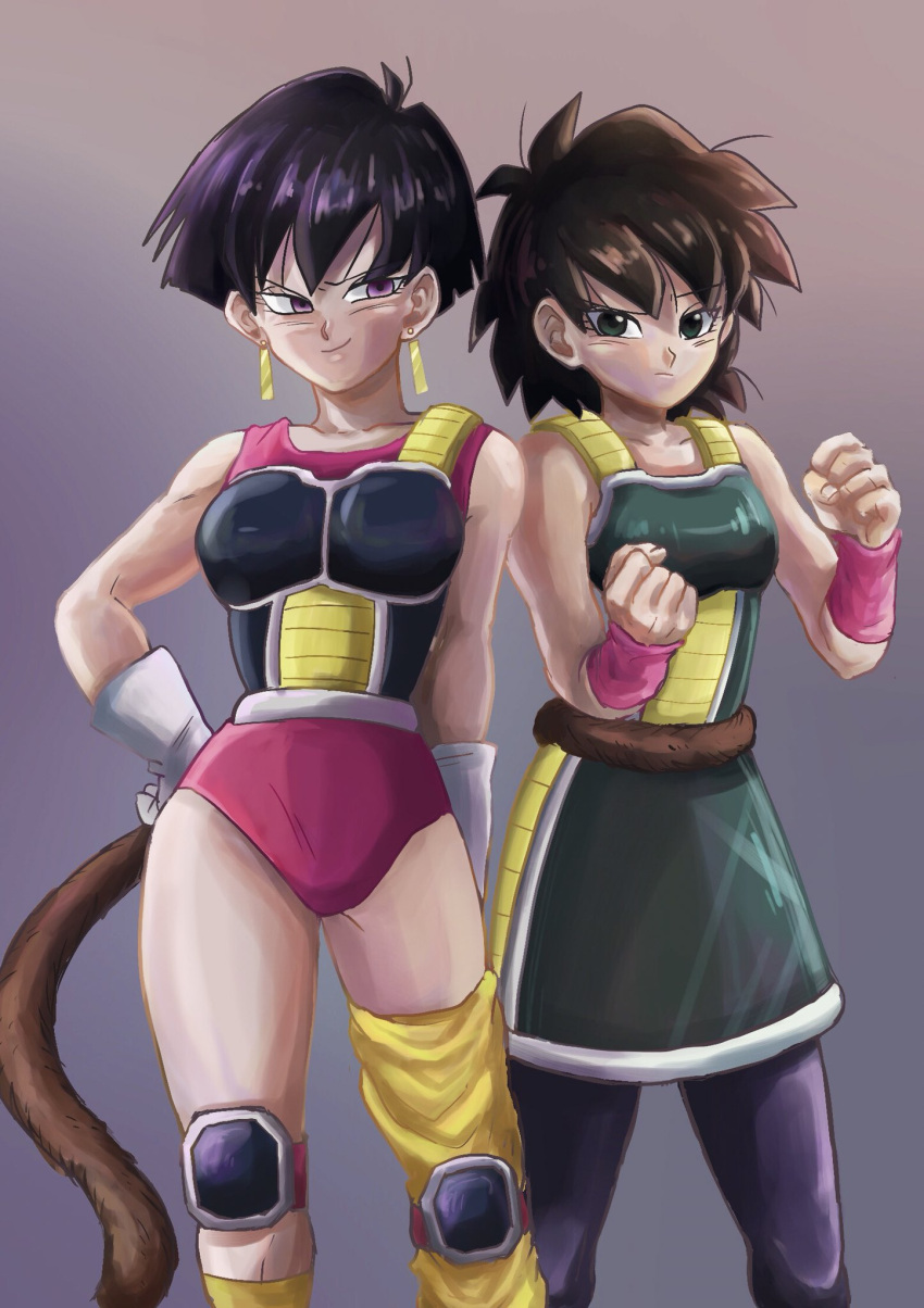 2girls arm_at_side armor bare_arms bare_shoulders black_hair clenched_hands dragon_ball dragon_ball_super_broly dragonball_z fingernails frown gine gloves gogo77_bb gradient gradient_background grey_background hand_on_hip highres leotard looking_at_viewer looking_away monkey_tail multiple_girls pantyhose pink_background seripa short_hair simple_background single_thighhigh smile standing tail thigh-highs thighs v-shaped_eyebrows very_short_hair white_gloves wristband yellow_legwear