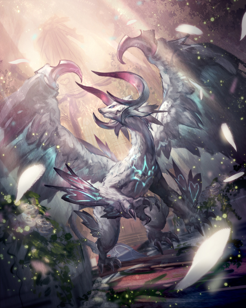 blue_eyes claws commentary_request dragon feathered_wings fireflies highres horns liebe light_rays looking_up nature no_humans original petals pixiv_fantasia pixiv_fantasia_last_saga ruins scenery solo standing sunbeam sunlight wings