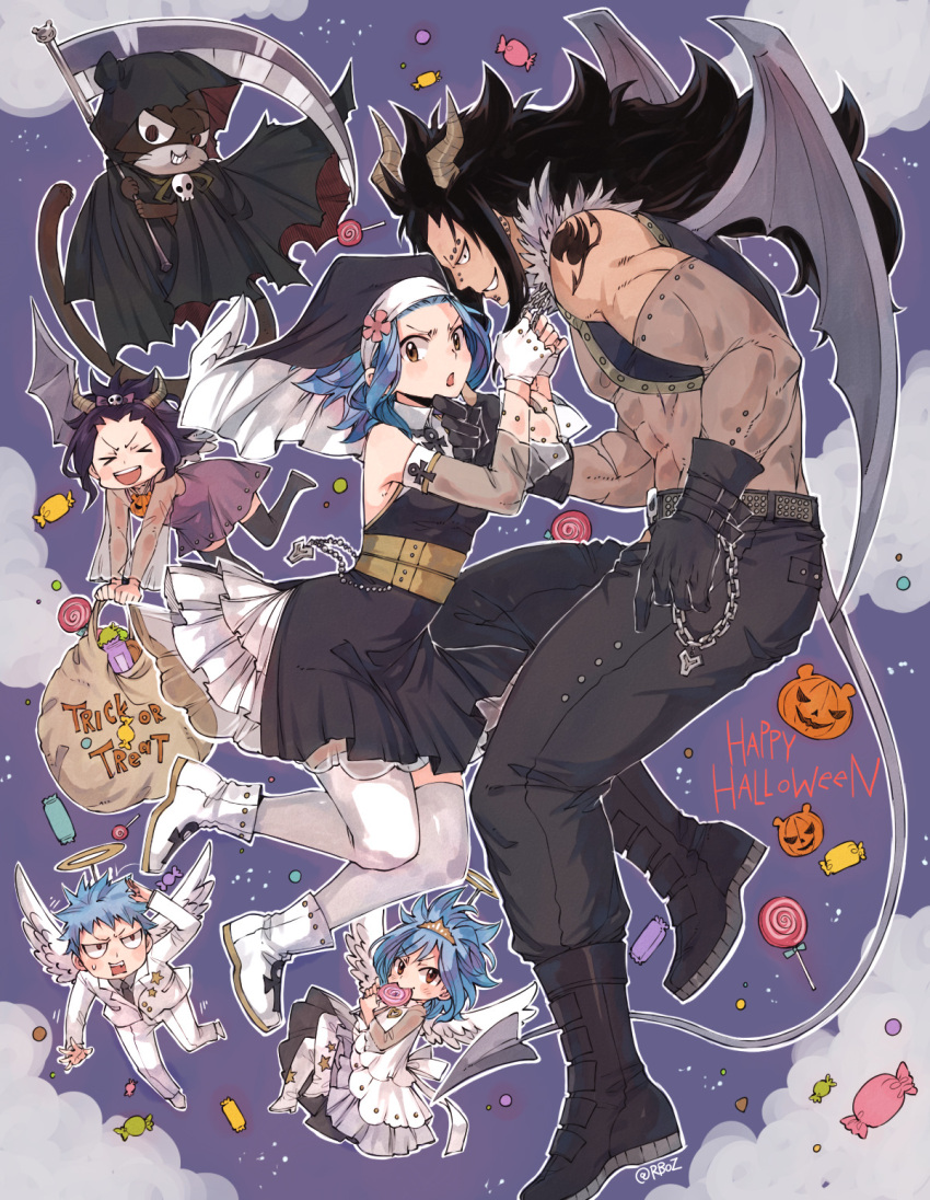 2boys 3girls angel_wings belt black_dress black_footwear black_gloves black_legwear black_pants blazer blue_hair boots chains child couple demon_horns demon_wings detached_sleeves dress ear_piercing fairy_tail feathered_wings fingerless_gloves gajeel_redfox gloves grey_sleeves grey_wings grin highres horns if_they_mated jacket layered_dress levy_mcgarden long_sleeves looking_at_viewer multiple_boys multiple_girls nose_piercing open_mouth pantherlily pants parent_and_child piercing rusky see-through shiny shiny_clothes short_dress short_hair sleeveless sleeveless_dress smile tattoo thigh-highs v-shaped_eyebrows white_dress white_gloves white_jacket white_legwear white_pants white_wings wings zettai_ryouiki