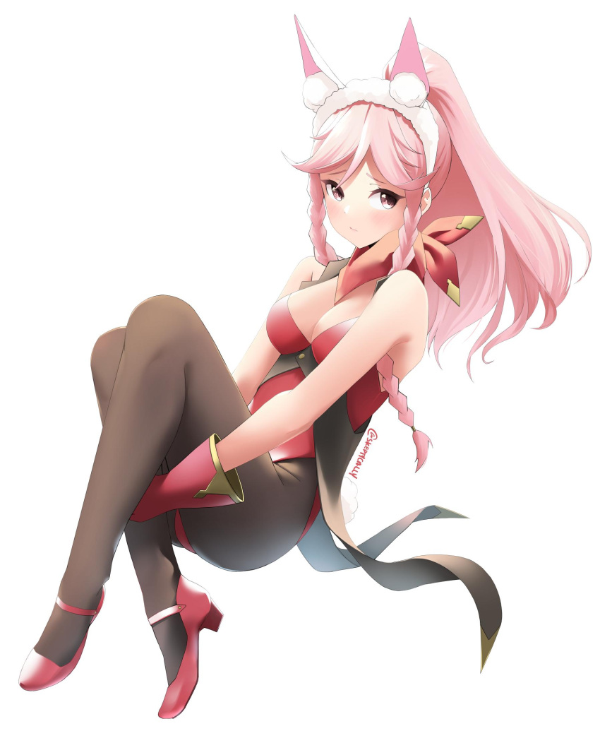 1girl alternate_costume animal_ears black_legwear braid breasts bunny_tail cleavage closed_mouth fake_animal_ears fake_tail fire_emblem fire_emblem:_kakusei fire_emblem_heroes full_body gloves high_heels highres long_hair medium_breasts nintendo olivia_(fire_emblem) pink_eyes pink_hair ponytail rabbit_ears simple_background skeptycally solo tail twin_braids twitter_username white_background