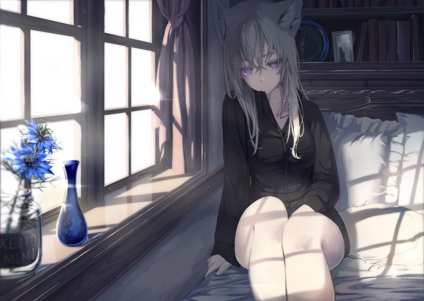 1girl animal_ear_fluff animal_ears book bookshelf clock commentary_request day expressionless flower highres long_hair long_sleeves mikisai no_pants on_bed original pillow silver_hair sitting sitting_on_bed tail vase window