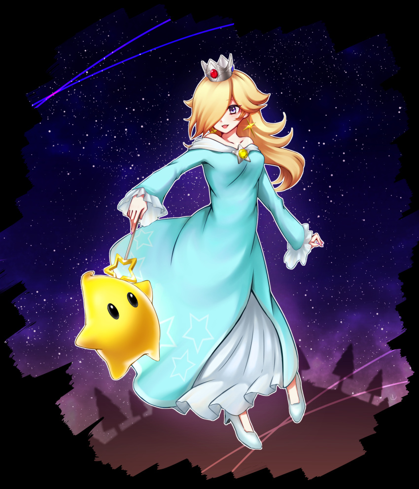 1girl absurdres bare_shoulders blonde_hair blush breasts chiko_(mario) crown dress earrings eyebrows_visible_through_hair full_body hair_over_one_eye highres jewelry long_hair super_mario_bros. nintendo open_mouth rosalina smile star super_mario_bros. super_mario_galaxy super_smash_bros. tree wand