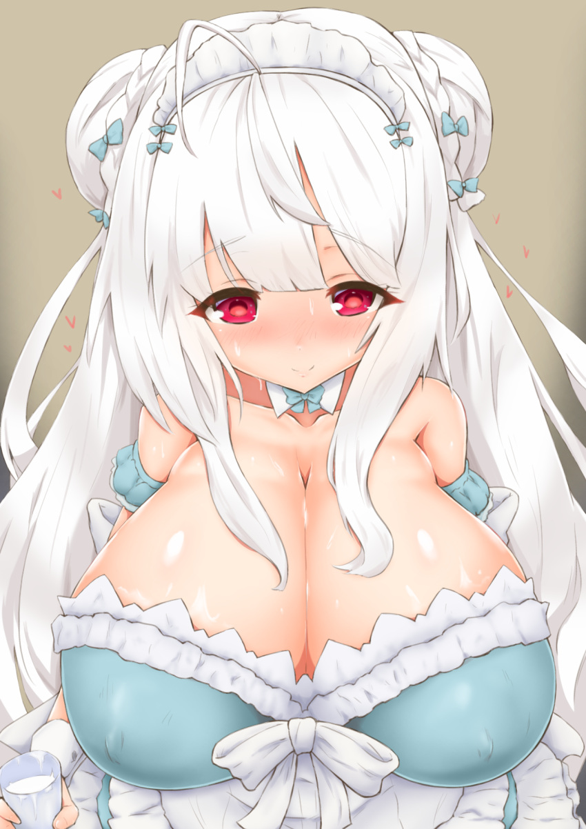 1girl ahoge apron azur_lane bangs bare_shoulders bea_(adfhbcf4326) blue_bow blue_dress blush bow braided_bun breasts cleavage closed_mouth collarbone covered_nipples cup cygnet_(azur_lane) detached_collar double_bun dress eyebrows_visible_through_hair frilled_apron frilled_dress frills green_background hair_bow heart highres holding holding_cup huge_breasts long_hair looking_at_viewer maid_dress maid_headdress milk nose_blush red_eyes shiny shiny_skin sidelocks simple_background smile solo strapless strapless_dress sweat waist_apron white_apron white_hair wing_collar wrist_cuffs