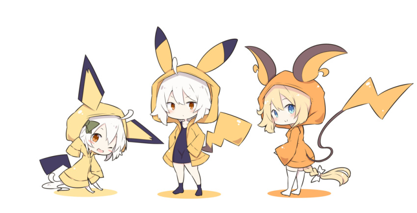 3girls ;d ahoge bangs beni_shake black_dress black_legwear blonde_hair blue_eyes blush bow braid brown_eyes chibi closed_mouth colored_shadow commentary_request cosplay creatures_(company) dress eyebrows_visible_through_hair fate/grand_order fate_(series) game_freak gen_1_pokemon gen_2_pokemon green_bow hair_between_eyes hair_bow hood hood_up hooded_jacket jacket jeanne_d'arc_(alter)_(fate) jeanne_d'arc_(fate) jeanne_d'arc_(fate)_(all) jeanne_d'arc_alter_santa_lily long_hair long_sleeves multiple_girls nintendo one_eye_closed open_mouth orange_jacket pichu pichu_(cosplay) pikachu pikachu_(cosplay) pokemon raichu raichu_(cosplay) red_eyes shadow single_braid sleeves_past_fingers sleeves_past_wrists smile socks standing tail thigh-highs very_long_hair white_background white_bow white_hair white_legwear yellow_jacket