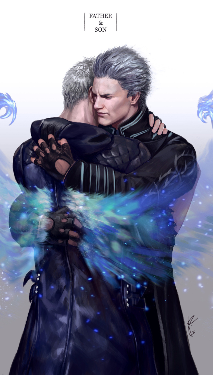 2boys absurdres aura black_coat black_gloves blue_eyes coat devil_may_cry devil_may_cry_5 english_text expressionless father_and_son gloves grey_background hair_slicked_back half-closed_eyes highres hood hood_down hooded_coat hug lizzart-zardonicz male_focus multiple_boys nero_(devil_may_cry) open_clothes open_coat short_hair signature silver_hair simple_background vergil white_hair