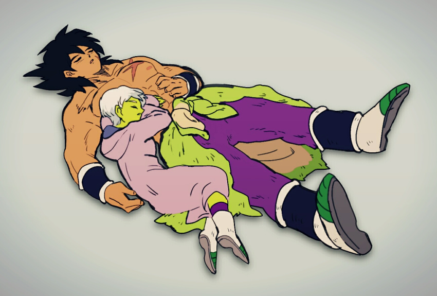 1boy 1girl abs boots broly_(dragon_ball_super) cheelai closed_eyes dragon_ball dragon_ball_super dragon_ball_super_broly green_skin grey_background lying on_back open_mouth pectorals pelt scar shirtless short_hair simple_background sleeping sleeping_on_person spiky_hair tofu_(tttto_f) white_hair wristband