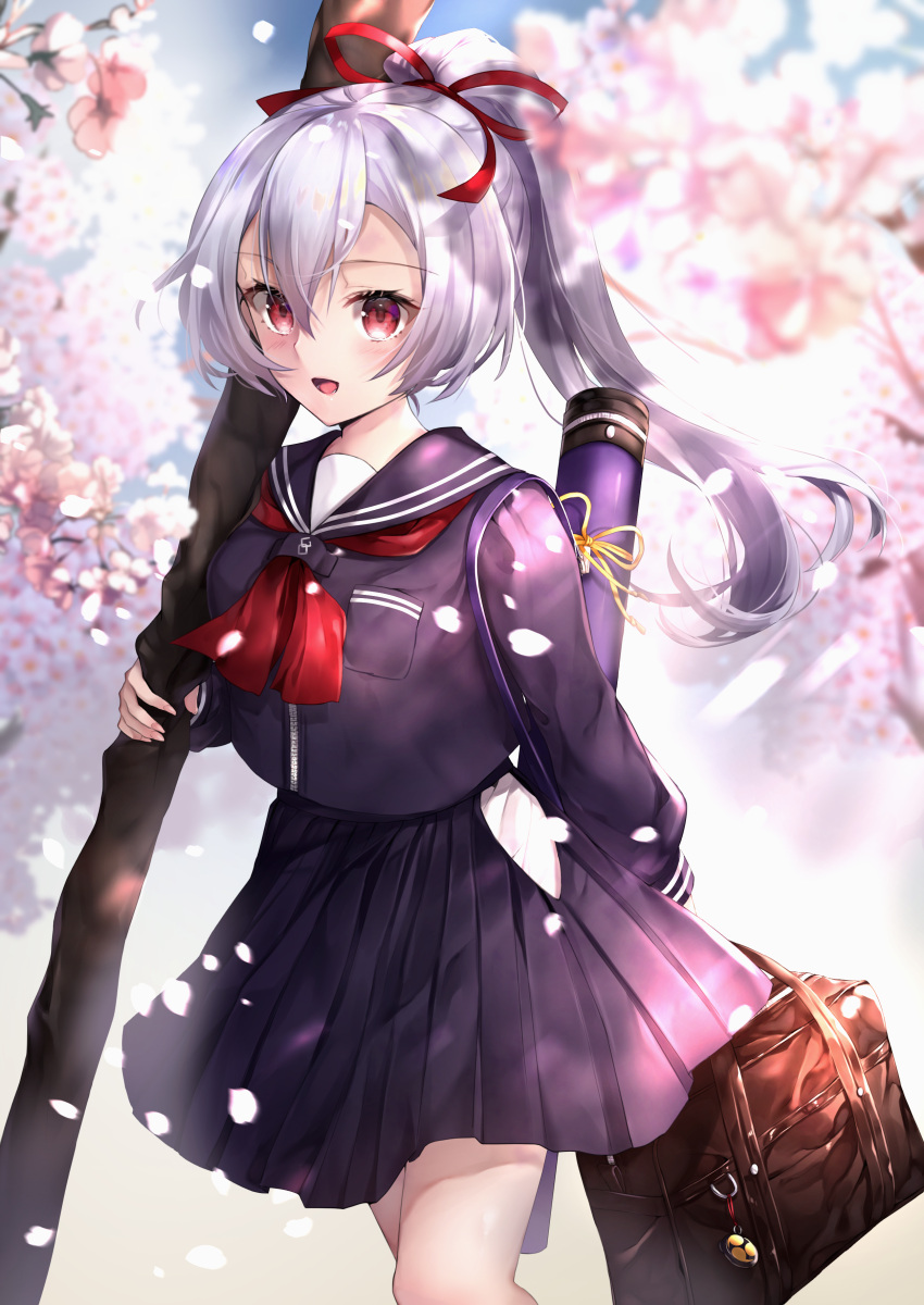 1girl absurdres alternate_costume arm_behind_back bag black_shirt black_skirt blurry blurry_background blush breasts brown_bag cherry_blossoms commentary_request eyebrows_visible_through_hair fate/grand_order fate_(series) hair_between_eyes hair_ornament hane_yuki headband highres holding holding_sword holding_weapon long_hair long_sleeves looking_at_viewer outdoors pleated_skirt ponytail red_eyes ribbon sailor_collar shirt silver_hair skirt solo sword tomoe_gozen_(fate/grand_order) weapon yellow_ribbon