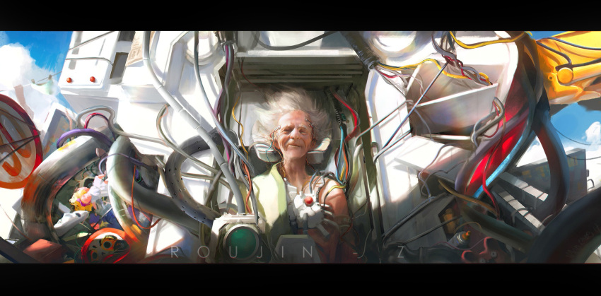 1boy cable clothesline copyright_name grey_hair highres letterboxed looking_at_viewer mecha nachoyague nose old_man realistic road_sign roujin_z science_fiction sign solo takazawa_kiyuro tube wire