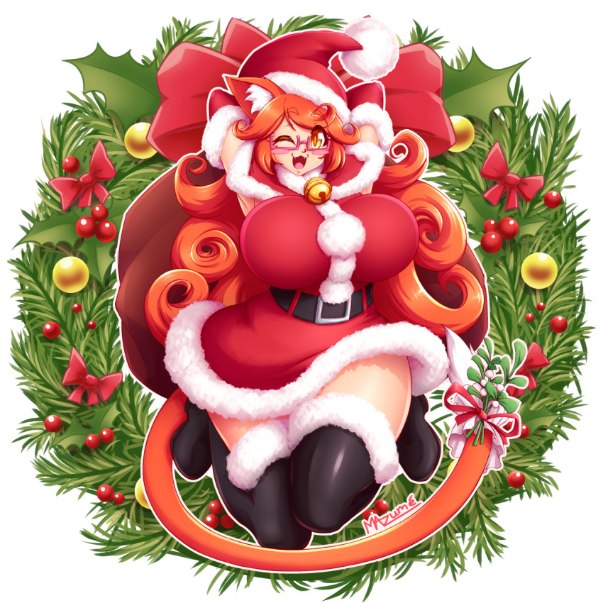 1girl :3 animal_ears armpits bell belt blush_stickers boots bow breasts cat_ears cat_tail curly_hair hat highres large_breasts long_hair mazume natalie_(mazume) open_mouth orange_eyes orange_hair original sack santa_boots santa_costume santa_hat semi-rimless_eyewear skirt tail tail_bow