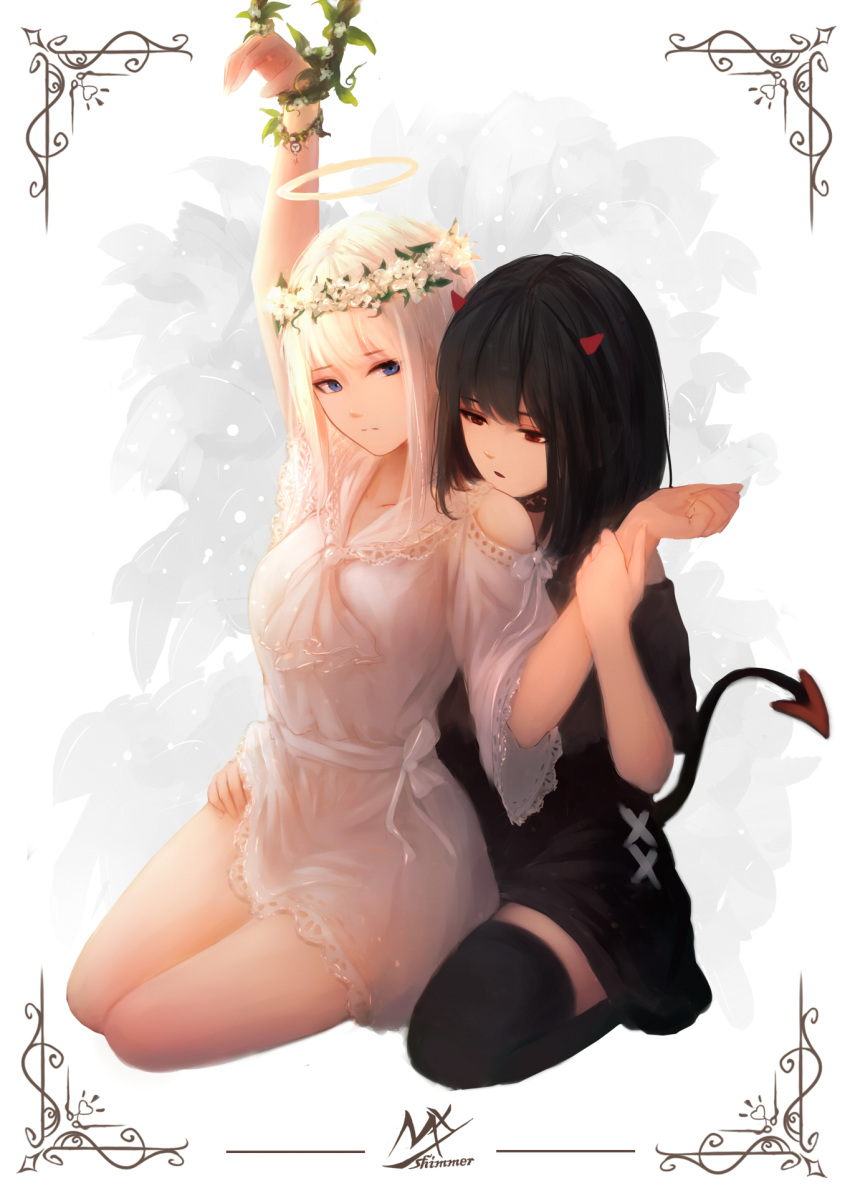 2girls arm_up artist_name bangs bare_shoulders black_choker black_dress black_hair black_legwear blue_eyes breasts choker closed_mouth commentary demon_girl demon_horns demon_tail dress expressionless eyebrows_visible_through_hair floral_background flower_wreath full_body halo head_wreath highres horns long_hair medium_breasts multiple_girls off-shoulder_dress off_shoulder original parted_lips plant red_eyes shimmer short_sleeves shoulder_cutout signature sitting symbol_commentary tail thigh-highs vines white_dress white_hair wrist_grab yokozuwari yuri zettai_ryouiki