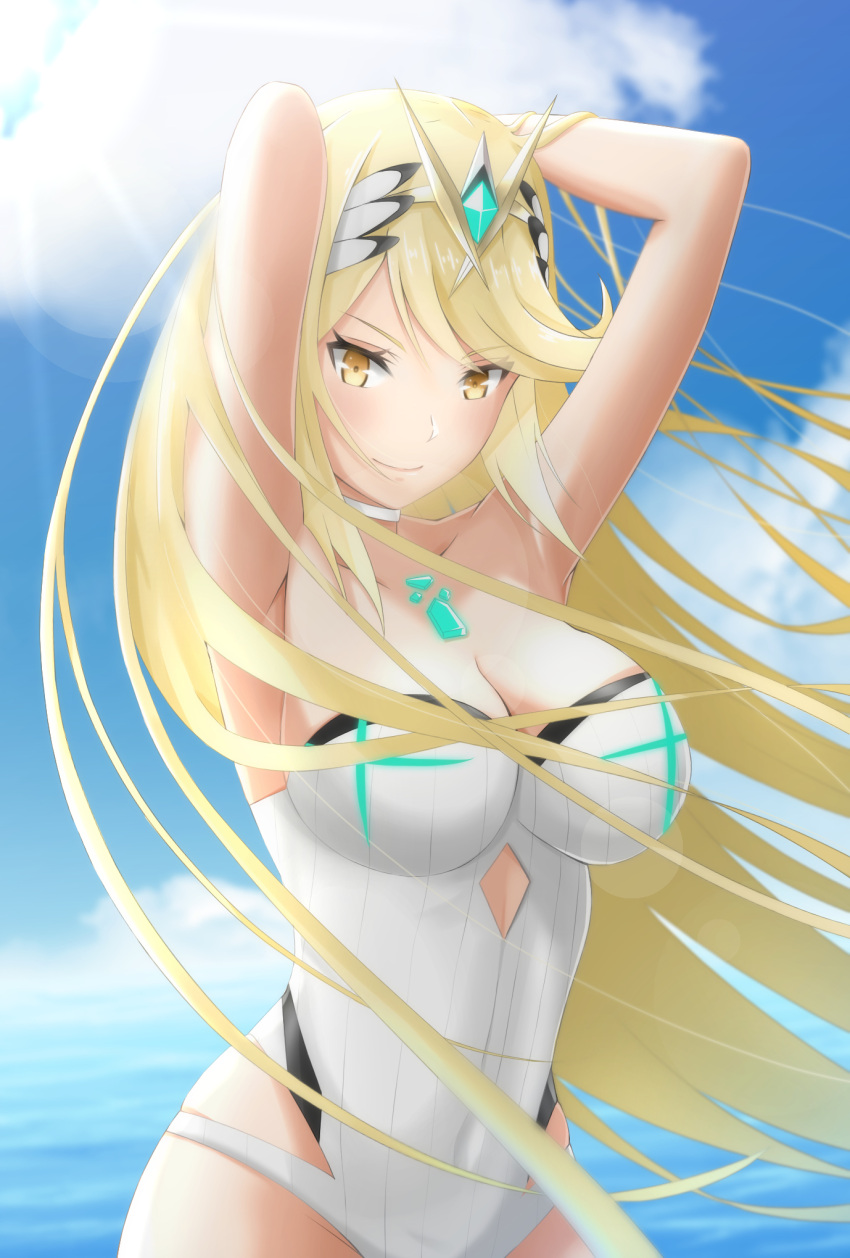 1girl armpits arms_up bangs beach blonde_hair blue_sky blurry blurry_background breasts choker cleavage clouds collarbone covered_navel cutout day earrings floating_hair hair_ornament headpiece highres mythra_(xenoblade) jewelry large_breasts lens_flare leotard long_hair looking_at_viewer mebi_(mebieru) medium_breasts nintendo ocean outdoors pose shiny shiny_hair sideboob sky smile solo standing strapless strapless_leotard sunlight swept_bangs swimsuit tiara very_long_hair white_leotard xenoblade_(series) xenoblade_2 yellow_eyes
