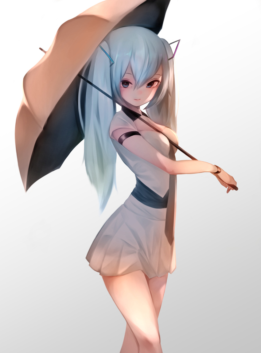 1girl absurdres arm_strap blue_eyes blue_hair bracelet breasts grey_background grey_umbrella hair_between_eyes hair_ornament hatsune_miku highres holding holding_umbrella jewelry long_hair looking_at_viewer maron_(kuri) medium_breasts miniskirt pleated_skirt shirt short_sleeves simple_background skirt smile solo standing twintails umbrella very_long_hair vocaloid white_shirt white_skirt