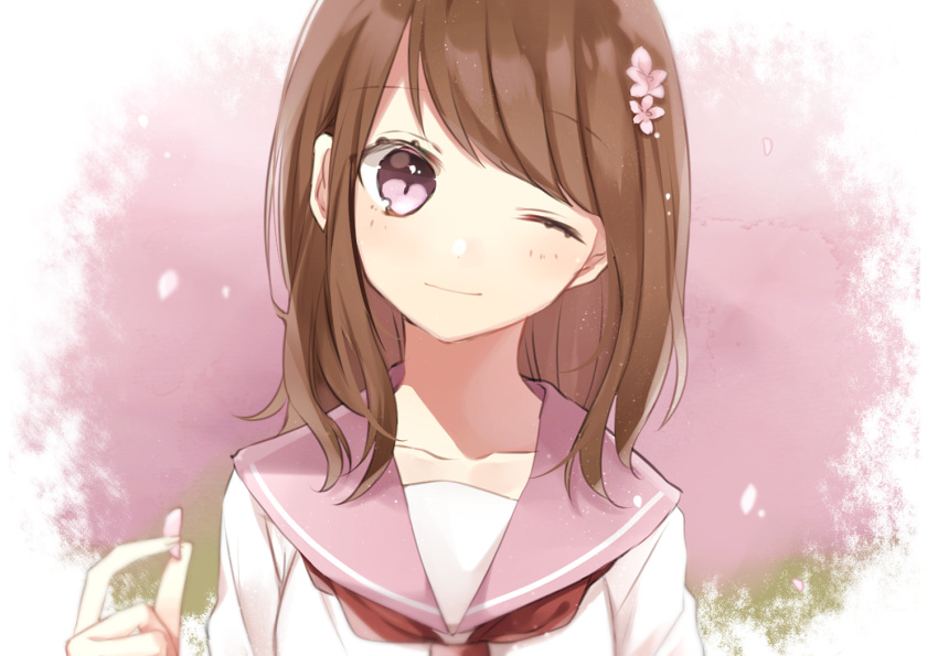 1girl ;) bangs blush brown_hair closed_mouth collarbone commentary_request eyebrows_visible_through_hair flower hachimitsu_honey hair_flower hair_ornament hand_up head_tilt holding light_smile long_hair one_eye_closed original petals pink_flower pink_sailor_collar red_neckwear sailor_collar shirt smile solo violet_eyes white_shirt