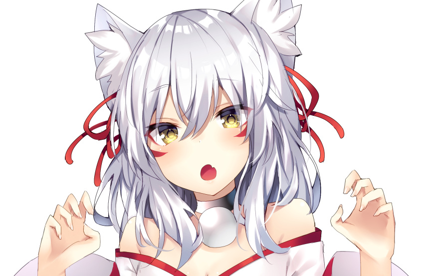 1girl :o animal_ear_fluff animal_ears bangs breasts choker claw_pose cleavage eyeshadow facial_mark fang hair_between_eyes hair_ribbon hands_up head_tilt highres japanese_clothes kimono komomo_(ptkrx) long_hair long_sleeves looking_at_viewer makeup off_shoulder open_mouth original red_ribbon ribbon simple_background solo upper_body white_background white_hair white_kimono wide_sleeves wolf_ears wolf_girl yellow_eyes