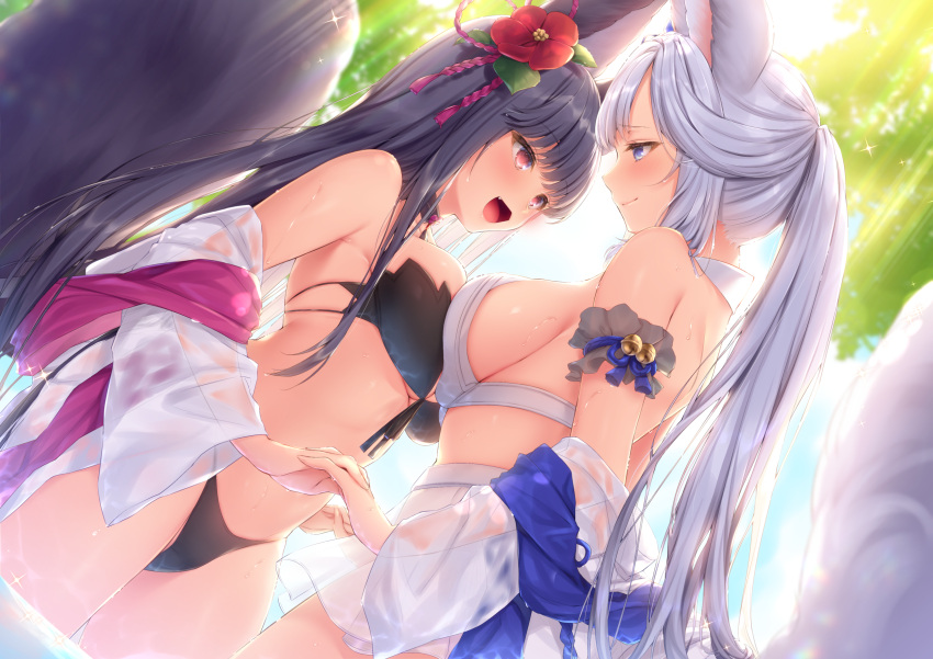 2girls animal_ears arm_garter bangs bare_shoulders bell bikini black_bikini black_hair blue_eyes blue_sky blush breast_press breasts choker closed_mouth clouds commentary_request day dutch_angle erune fang flower fox_ears fox_tail granblue_fantasy hair_bell hair_flower hair_ornament hand_holding highres interlocked_fingers jiiwara jingle_bell large_breasts light_particles long_hair multiple_girls off_shoulder open_mouth outdoors ponytail red_eyes silver_hair sky smile socie_(granblue_fantasy) standing swimsuit symmetrical_docking tail very_long_hair wet wet_clothes white_bikini yuel_(granblue_fantasy)