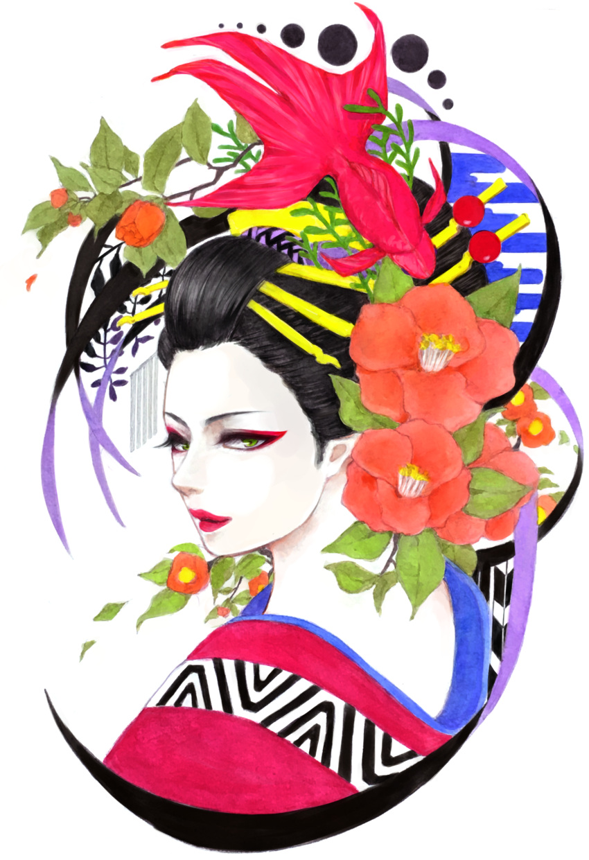 1girl absurdres black_hair black_ribbon branch camellia commentary_request egasumi eyelashes eyeshadow fish flower graphite_(medium) green_eyes hair_ornament hair_stick highres japanese_clothes kanzashi kimono leaf lips lipstick looking_at_viewer looking_back makeup oiran original red_eyeshadow red_flower ribbon rose rreinn simple_background solo traditional_media upper_body watercolor_(medium) white_background white_skin yagasuri