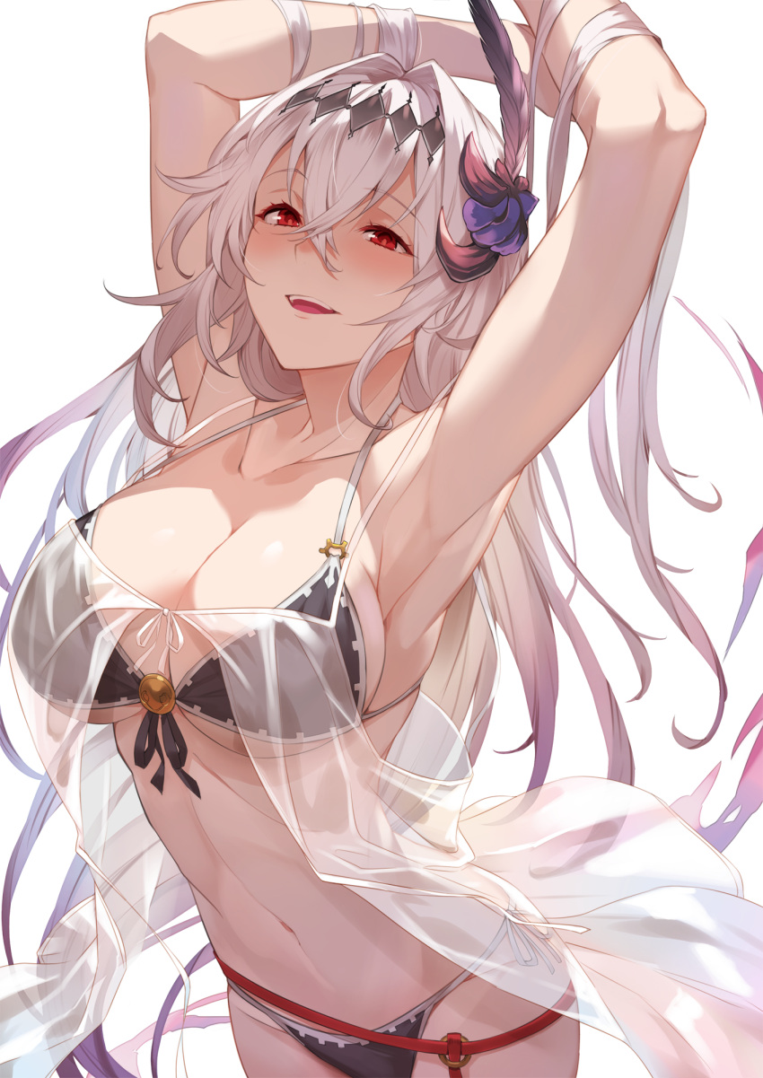 1girl armpits arms_behind_head arms_up bangs bare_shoulders bikini black_bikini breasts cleavage dark_jeanne diadem feathers flower granblue_fantasy hair_between_eyes hair_feathers hair_flower hair_intakes hair_ornament highres hip_focus kakage large_breasts long_hair looking_at_viewer navel open_mouth paid_reward parted_lips red_eyes smile solo swimsuit transparent_background white_hair