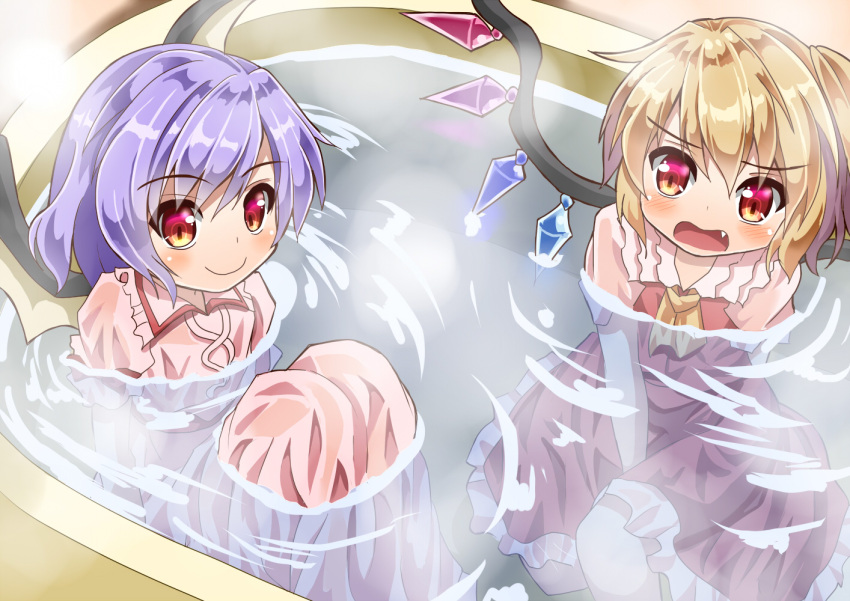 2girls bat_wings bathtub blonde_hair blouse blue_hair blush commentary_request cravat cropped_legs eyebrows_visible_through_hair fang flandre_scarlet frilled_skirt frills hair_between_eyes knees_up looking_at_viewer multiple_girls no_headwear no_neckwear open_mouth partially_submerged pink_blouse pink_shirt pink_skirt puffy_short_sleeves puffy_sleeves red_eyes red_skirt red_vest remilia_scarlet shirt short_hair short_sleeves siblings side_ponytail sisters sitting skirt smile sugiyama_ichirou touhou vest wet wet_clothes wings yellow_neckwear