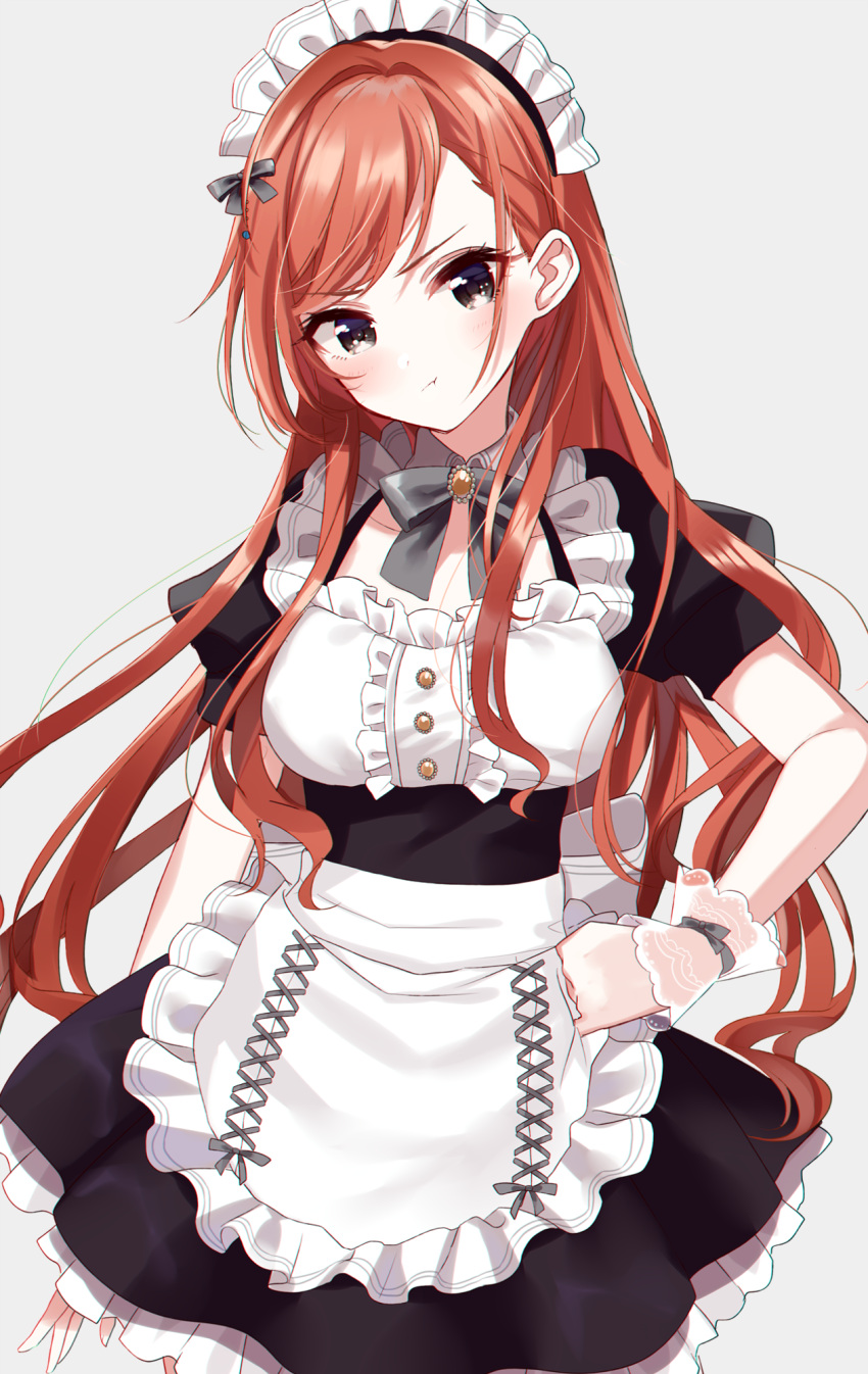 1girl :t alternate_costume apron arisugawa_natsuha bangs black_dress bow brown_eyes brown_hair center_frills closed_mouth collarbone commentary_request dress enmaided eyebrows_visible_through_hair frilled_apron frilled_dress frills grey_background grey_bow hand_on_hip head_tilt highres idolmaster idolmaster_shiny_colors long_hair looking_at_viewer maid maid_headdress misumi_(macaroni) pout puffy_short_sleeves puffy_sleeves see-through short_sleeves simple_background solo v-shaped_eyebrows very_long_hair waist_apron white_apron wrist_cuffs